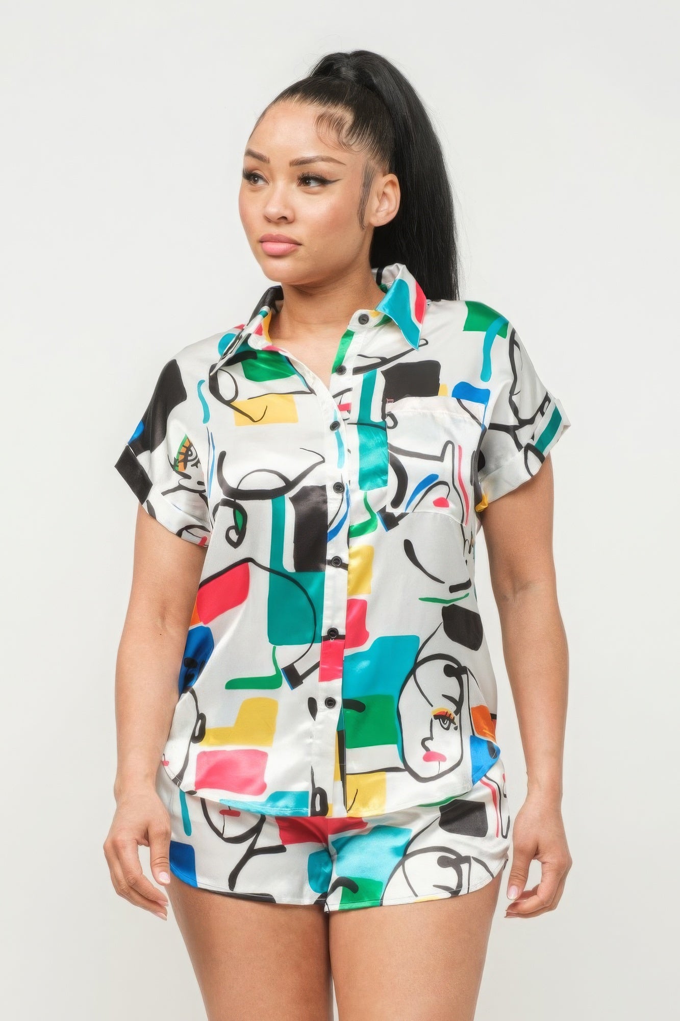 Satin Dolman Print Button Down Top And Shorts Set